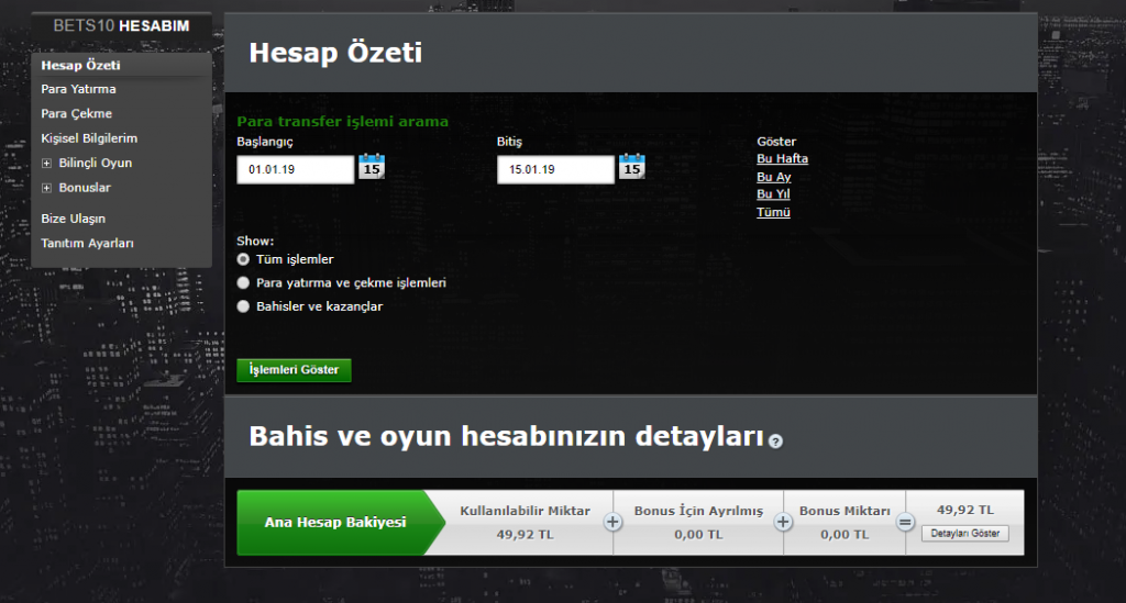 Bets10 Hesap Özeti